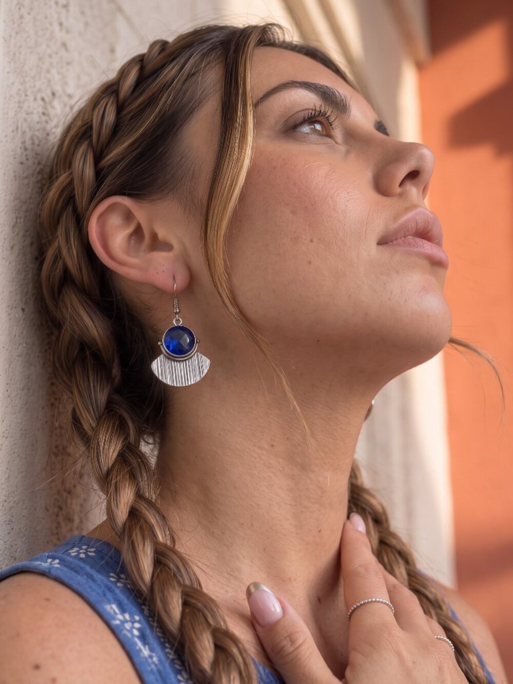 Silver Drop Earrings Blue Crystal 925 Sterling Textured Fan Artisan Boho 1.8" - Picture 7 of 17